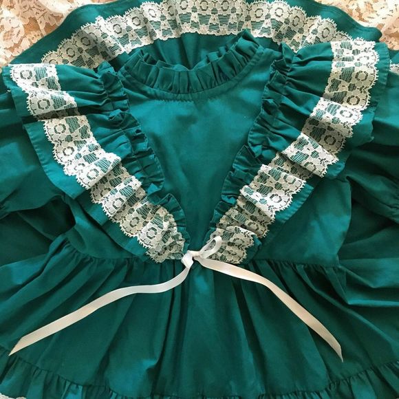 Vintage Kandy Ann Full Circle Dress 2T Teal Green White Lace Ruffle Party - Picture 6 of 7